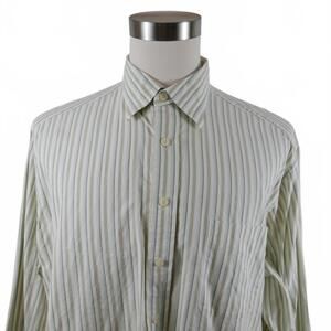 Henry Jacobson Mens Button Down Green Yellow Striped Dress Shirt XL